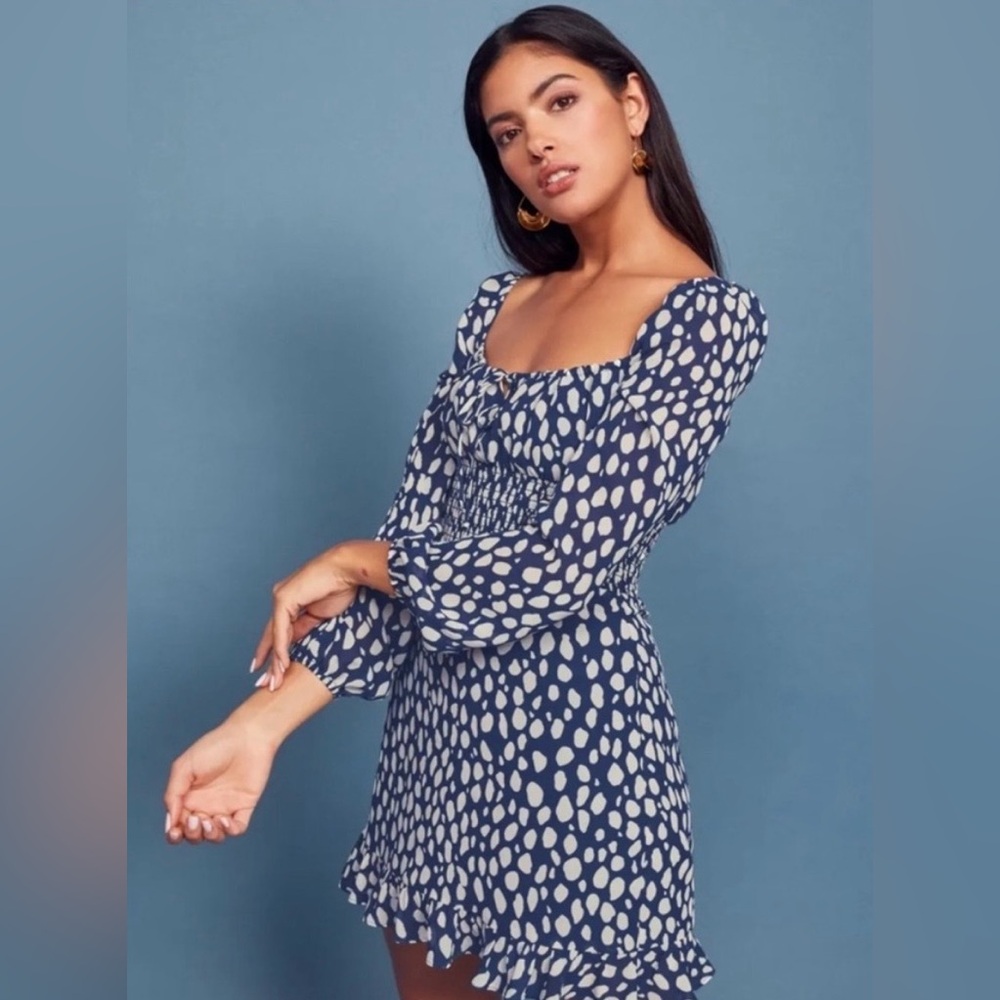 Reformation Blue Polka Dot Smocked Milkmaid Mini Dress Size 6